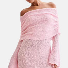 Load image into Gallery viewer, Women&#39;s Spring Summer Knitted Dress Elegant Party Boat Neck Dress Infant Off Shoulder Bodycon Long Sleeve Fuzzy Short Club Chic Mini Dress