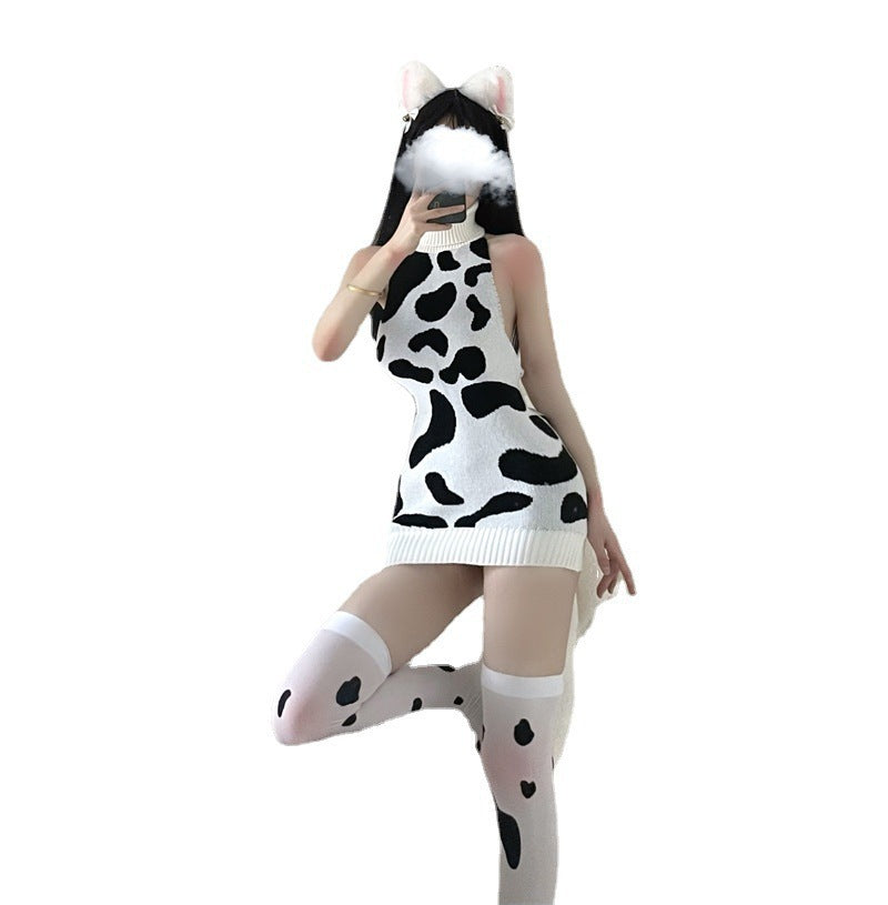 Japanese Girl Cow Print Short Skirt And Long Pajamas