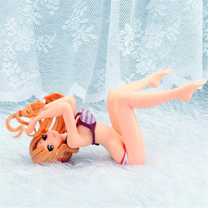 Anime Sword Art Online Asuna Sexy Girl PVC Figure Model Striped Kneeling Swimsuit Phone Holder Fans Collectible Toy Doll