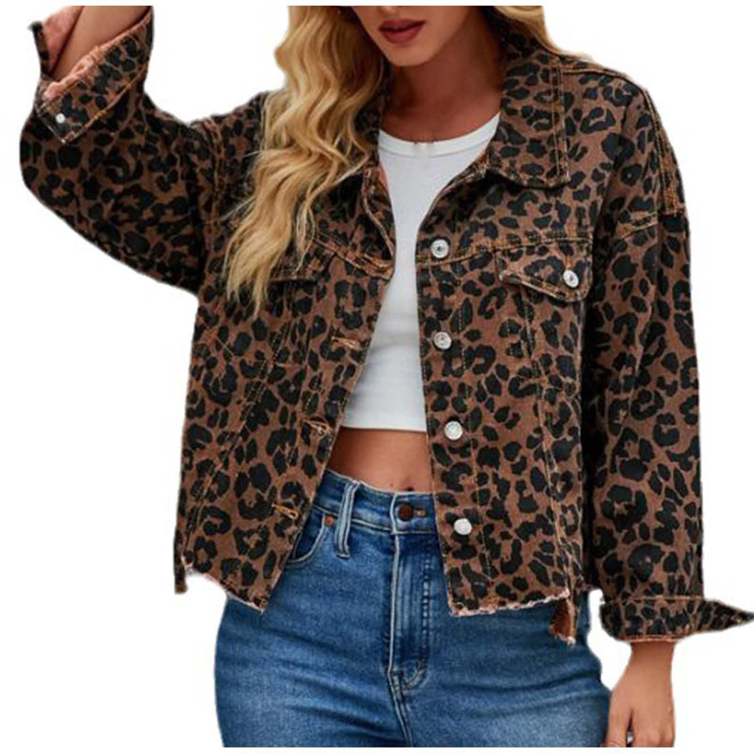 Animal Print Frayed Button Short Denim Coat
