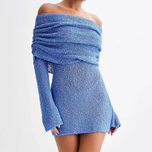 Load image into Gallery viewer, Women&#39;s Spring Summer Knitted Dress Elegant Party Boat Neck Dress Infant Off Shoulder Bodycon Long Sleeve Fuzzy Short Club Chic Mini Dress