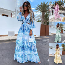 Load image into Gallery viewer, Elegant Women&#39;s Hollow Floor V-neck Long-sleeved Plant Dress Long Dresses Spring Summer Print V-neck Long Sleeve Dress