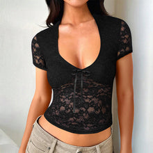 Load image into Gallery viewer, Deep V See-through Lace Slim Short-sleeved Tops Women&#39;s Clothing