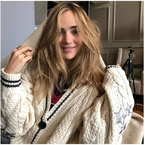 Autumn  Women Beige V-neck Star Embroidery Cardigan Casual Loose Sweater Fashion Temperament Knitted Jacket Y2k Streetwear