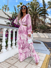 Load image into Gallery viewer, Elegant Women&#39;s Hollow Floor V-neck Long-sleeved Plant Dress Long Dresses Spring Summer Print V-neck Long Sleeve Dress