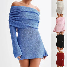 Load image into Gallery viewer, Women&#39;s Spring Summer Knitted Dress Elegant Party Boat Neck Dress Infant Off Shoulder Bodycon Long Sleeve Fuzzy Short Club Chic Mini Dress