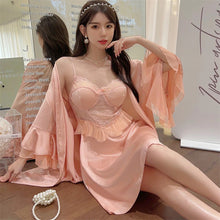 Load image into Gallery viewer, Female Twinset Robe Set Women Lace Kimono Sleepwear Nightgown Lingerie Summer Satin Nightwear Bathrobe Gown Suit Loungewear