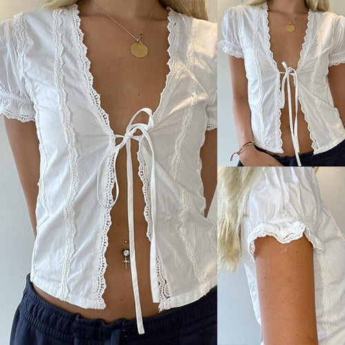 Lace-up Cropped Solid Color Cardigan Top