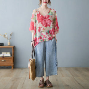 Retro Large Flower Loose Plus Size Fat Short Sleeve T-shirt