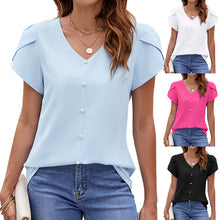 Load image into Gallery viewer, Women&#39;s Solid Color And V-neck Short Sleeve Loose Chiffon Shirt