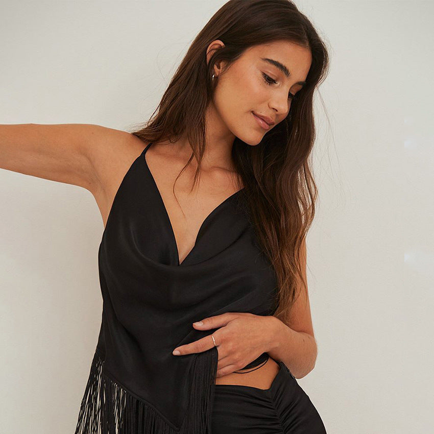 Women's Solid Color Swing Collar Design Tassel Suspender Vest