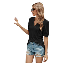 Load image into Gallery viewer, Casual V-neck Solid Color Puff Sleeve Loose T-shirt For Women