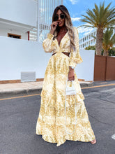 Load image into Gallery viewer, Elegant Women&#39;s Hollow Floor V-neck Long-sleeved Plant Dress Long Dresses Spring Summer Print V-neck Long Sleeve Dress