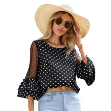 Load image into Gallery viewer, European And American Loose Casual Bell Sleeve Polka Dot Lace Patchwork Round Neck Top