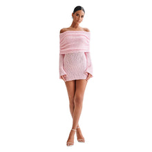 Load image into Gallery viewer, Women&#39;s Spring Summer Knitted Dress Elegant Party Boat Neck Dress Infant Off Shoulder Bodycon Long Sleeve Fuzzy Short Club Chic Mini Dress