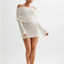 Load image into Gallery viewer, Women&#39;s Spring Summer Knitted Dress Elegant Party Boat Neck Dress Infant Off Shoulder Bodycon Long Sleeve Fuzzy Short Club Chic Mini Dress