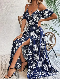 Flower Print Split Suspender Dress With Lace-up Design Summer Fashion Long Dresses Beach Clothing For Women