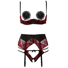 Load image into Gallery viewer, 1/4 Cup Sexy Bra Crotchless Panties Set Embroidery Lingerie Thin Temptation Bra and Panty with Garters Sets Women Intimates