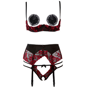 1/4 Cup Sexy Bra Crotchless Panties Set Embroidery Lingerie Thin Temptation Bra and Panty with Garters Sets Women Intimates