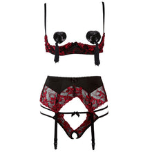 Load image into Gallery viewer, 1/4 Cup Sexy Bra Crotchless Panties Set Embroidery Lingerie Thin Temptation Bra and Panty with Garters Sets Women Intimates