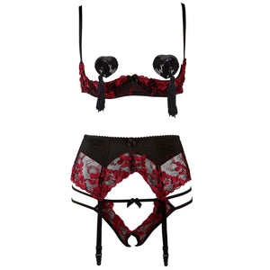 1/4 Cup Sexy Bra Crotchless Panties Set Embroidery Lingerie Thin Temptation Bra and Panty with Garters Sets Women Intimates