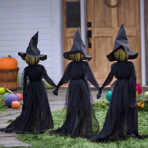 1.7m Light-Up Witches with Stakes Halloween Decorations Outdoor Holding Hands Screaming Witches Sound Activated Sensor Decor