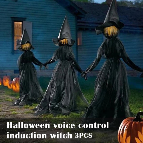 1.7m Light-Up Witches with Stakes Halloween Decorations Outdoor Holding Hands Screaming Witches Sound Activated Sensor Decor
