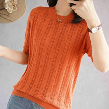 Load image into Gallery viewer, 100%  cotton short-sleeved women&#39;s T-shirt short section loose hollow knitted cotton sweater summer new O-neck pullover sweater