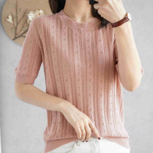 Load image into Gallery viewer, 100%  cotton short-sleeved women&#39;s T-shirt short section loose hollow knitted cotton sweater summer new O-neck pullover sweater