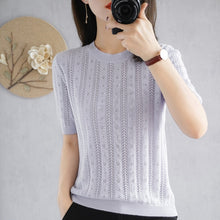 Load image into Gallery viewer, 100%  cotton short-sleeved women&#39;s T-shirt short section loose hollow knitted cotton sweater summer new O-neck pullover sweater