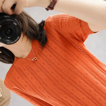 Load image into Gallery viewer, 100%  cotton short-sleeved women&#39;s T-shirt short section loose hollow knitted cotton sweater summer new O-neck pullover sweater