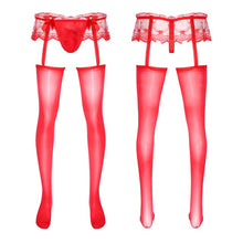 Load image into Gallery viewer, 1Pc Men Sheer Lace Hollow Out Pantyhose Sissy Skirted Garters Stockings Bulge Pouch G-String Glossy Leggings Underwear