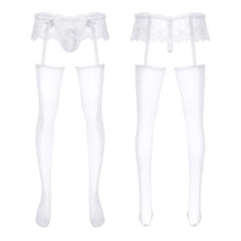 Load image into Gallery viewer, 1Pc Men Sheer Lace Hollow Out Pantyhose Sissy Skirted Garters Stockings Bulge Pouch G-String Glossy Leggings Underwear