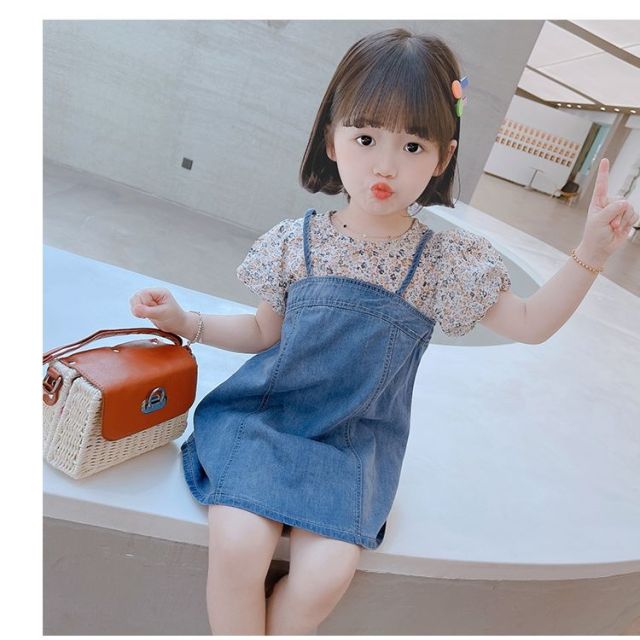 2-7 Years Old Girls' Dress 2021 Summer New Fashion Baby Refreshing Floral Skirt Girl Outdoor Short Sleeve Denim Princess Skirt