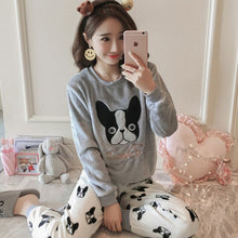 Load image into Gallery viewer, 2 PIECE Flannel Pajama Set Cute dog top + long pants Nightwear Home Wear women print lingerie Winter Warm Pyjama Round Neck