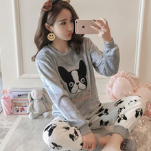 Load image into Gallery viewer, 2 PIECE Flannel Pajama Set Cute dog top + long pants Nightwear Home Wear women print lingerie Winter Warm Pyjama Round Neck