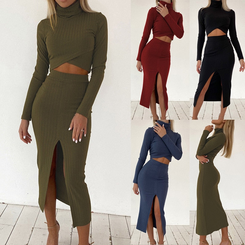 2 Piece Set Women Knitted Suit Crop Top Mini dress Long Sleeve Two Piece Set  Female Matching Set Autumn Outfits