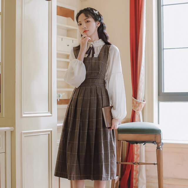 2 Piece Set Women Outfits Ruffle Stand Collar Bow Brooch Sweet Shirt Top+Sleeveless Retro Pleated Fashion Dress OL Suit Lady