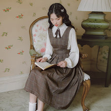 Load image into Gallery viewer, 2 Piece Set Women Outfits Ruffle Stand Collar Bow Brooch Sweet Shirt Top+Sleeveless Retro Pleated Fashion Dress OL Suit Lady