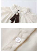 Load image into Gallery viewer, 2 Piece Set Women Outfits Ruffle Stand Collar Bow Brooch Sweet Shirt Top+Sleeveless Retro Pleated Fashion Dress OL Suit Lady