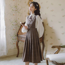 Load image into Gallery viewer, 2 Piece Set Women Outfits Ruffle Stand Collar Bow Brooch Sweet Shirt Top+Sleeveless Retro Pleated Fashion Dress OL Suit Lady