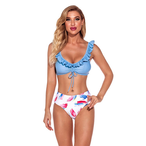 2-Piece Swimsuit Swimwear Women Beachwear Bikini Set Solid Color Printing Ruffle  U Neck Bandage