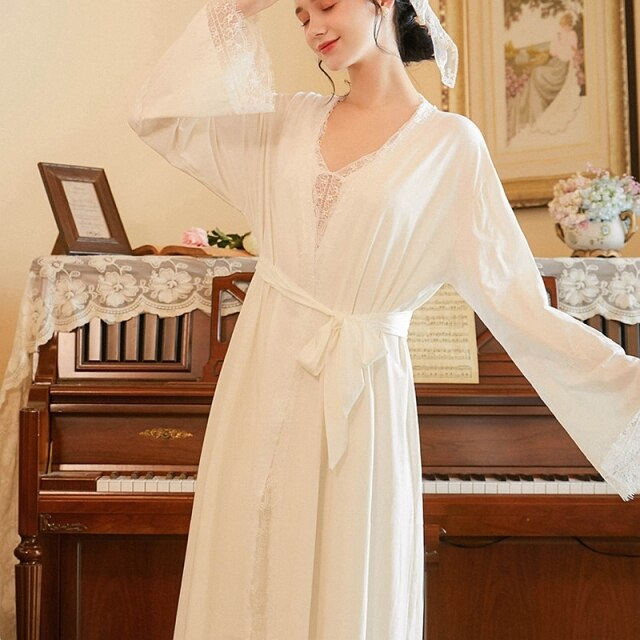 2 Piece/set Women Nightdress Set Lace Gowns & Robes Sets Vintage Elegant Nightgowns Bathrobes Sexy Sleepwear Cotton Homewear