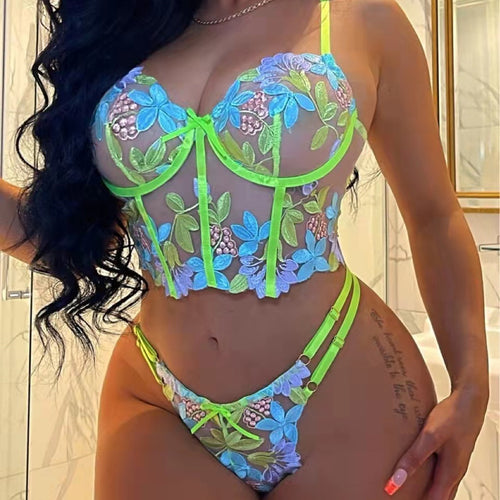 2 Pieces Set Sexy Exotic Costumes Floral Embroider Sensual Lingerie Underwear Transparent Erotic Bra and Briefs Intimate Set