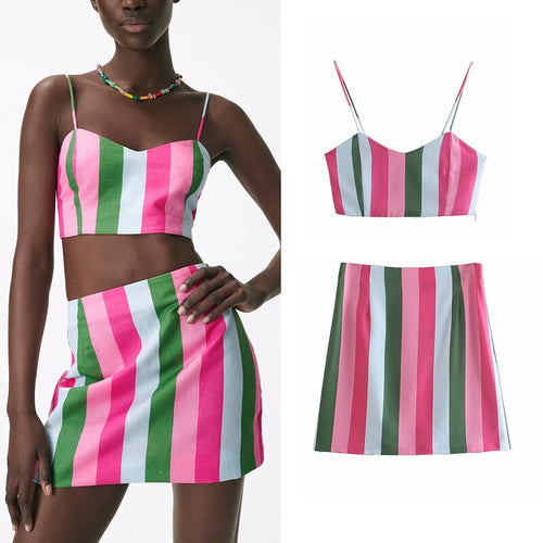 2 Pieces ZA Summer Women Sets 2021 Camis Tops+Skirts Elegant Sleeveless Mini Shirt Casual Striped Printed Tops Chic Zipper Dress