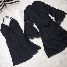 Load image into Gallery viewer, 2 piece winter sleep dress women Vintage nightgowns pyjama women sleepwear with lace Pajamas Sets Silk Nightwear Bathrobe pink