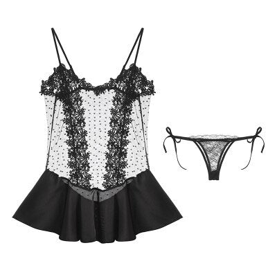 2019 Sexy Cute Lace Perspective Ice Silk Stretch Wave Princess Dress Sexy Strap Nightdress Suit Four Colors Lingerie Mini Dress