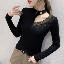 Load image into Gallery viewer, 2020 Autumn Winter Women tshirts Fashion Sexy Hollow out Hot drilling Tops Plus size Black T-Shirts blusas