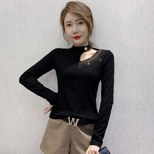 Load image into Gallery viewer, 2020 Autumn Winter Women tshirts Fashion Sexy Hollow out Hot drilling Tops Plus size Black T-Shirts blusas