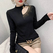 Load image into Gallery viewer, 2020 Autumn Winter Women tshirts Fashion Sexy Hollow out Hot drilling Tops Plus size Black T-Shirts blusas